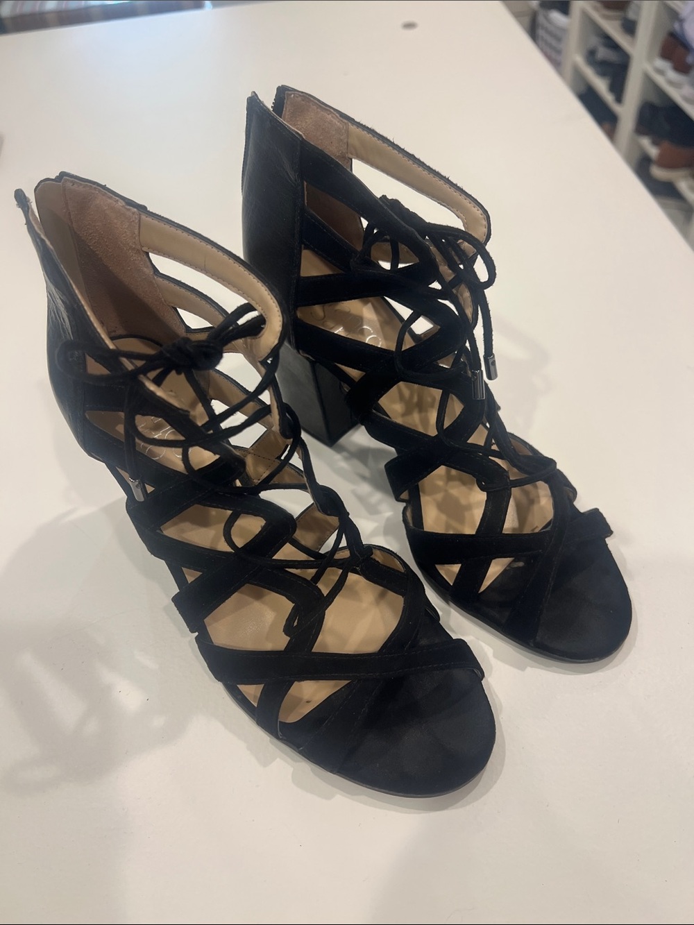 Franco Sarto Black Lace-Up Strappy Block Heel Sandals